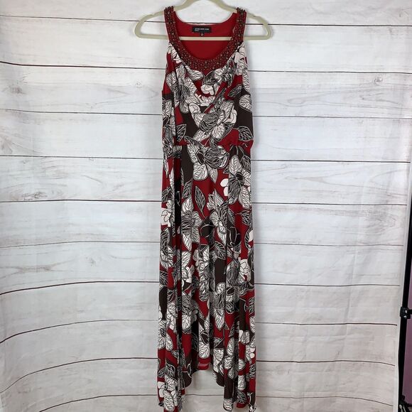 Jones New York Dress maxi Long 8 medium red brown floral blouson red wood Beads - Picture 3 of 12